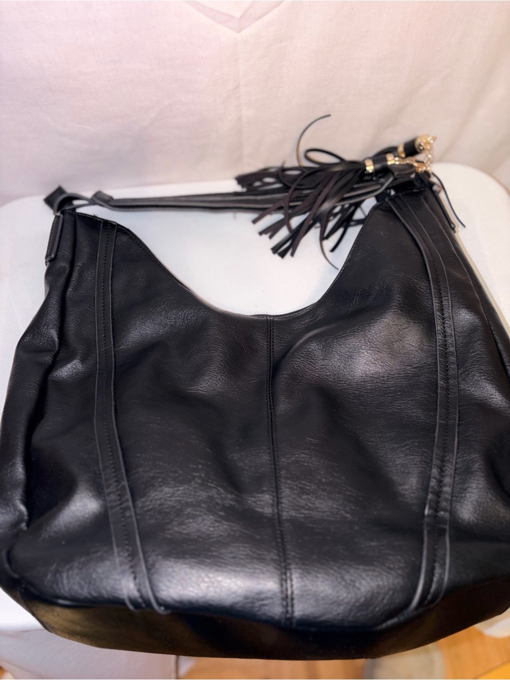 INC International Concepts Black Leather Hobo with Tassel Detail